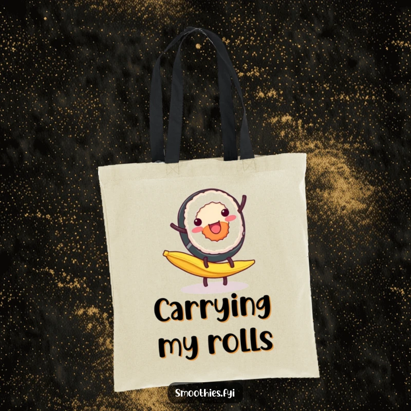 Funny Tote Bag: A cheerful sushi roll performs a cartwheel on a banana peel, a humorous and practical accessory.