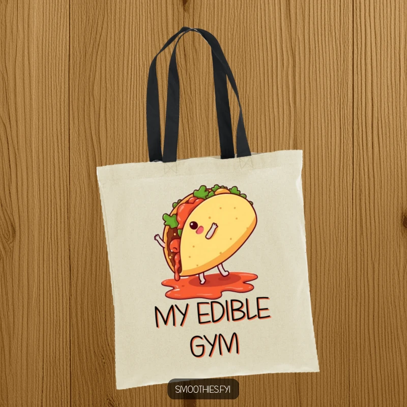 A dynamic taco doing a cartwheel with salsa drips, a humorous and practical tote bag for everyday use.