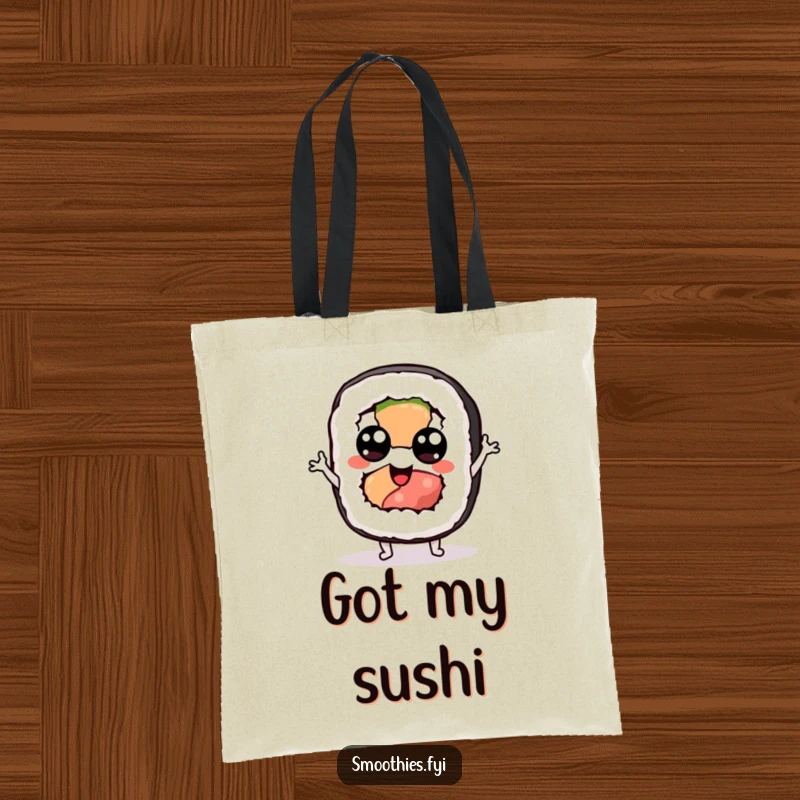 Funny sushi tote bag with a googly-eyed sushi roll character doing a silly jig, perfect for carrying daily items.