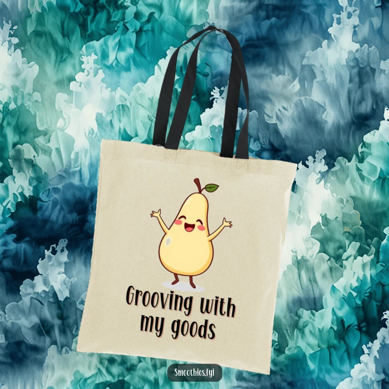 Funny tote bag showcasing a smiling pear doing a silly dance with playful, flailing arms, a practical and amusing accessory.