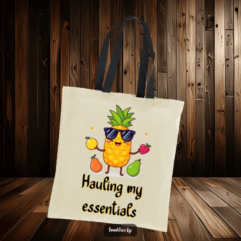 Funny pineapple in sunglasses juggles fruits on a tote bag, showing portability, coolness, and humorous flair.