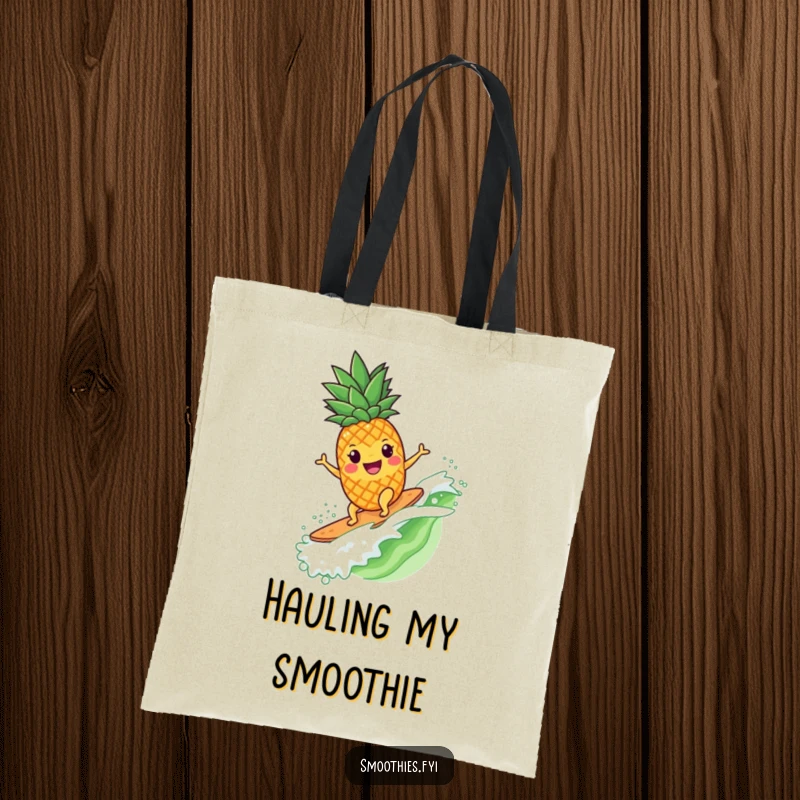 Funny pineapple character surfing a smoothie wave, printed on a sturdy and fashionable tote bag.