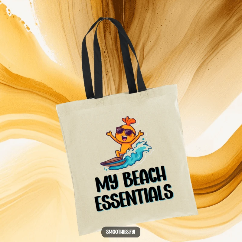 Funny joyful orange character with sunglasses surfing a wave on a durable tote bag, perfect for beachgoers.