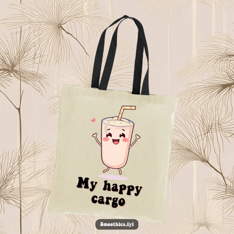 Funny cheerful Kawaii smoothie character doing a joyful dance with a straw, ready to carry your goods with a happy, energetic vibe.