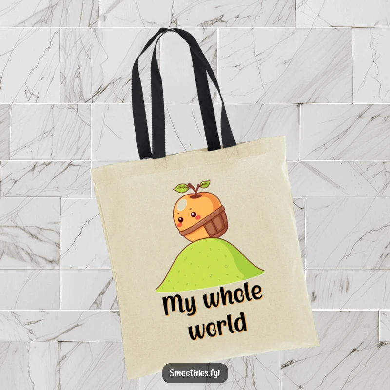 Funny kawaii apple tote bag showing an apple rolling down a hill in a miniature barrel, perfect for shopping.
