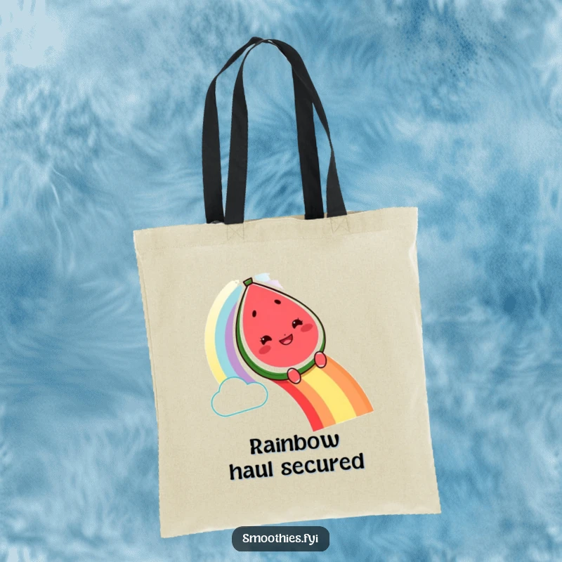 Funny grinning watermelon character tote bag sliding down a rainbow, practical and funny fruit accessory.