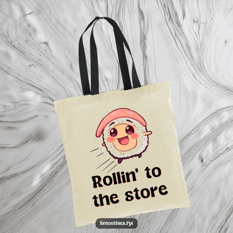 Funny tote bag with a smiling sushi character zooming forward with speed lines, ideal for carrying essentials with a humorous, energetic twist.