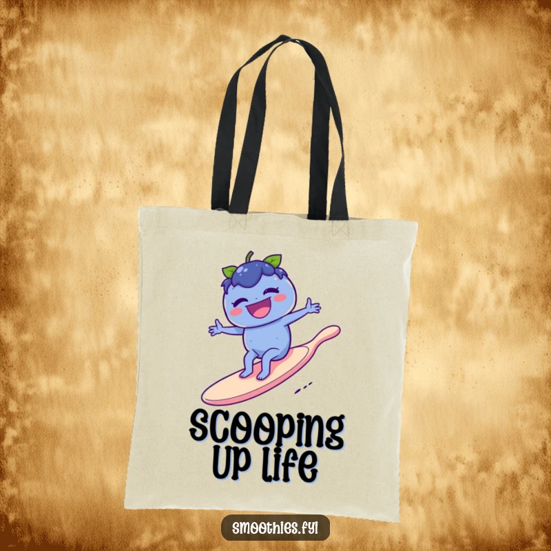 Funny blueberry laughing on a giant spoon surfboard on a tote bag, ideal for carrying essentials with a humorous, adventurous flair.
