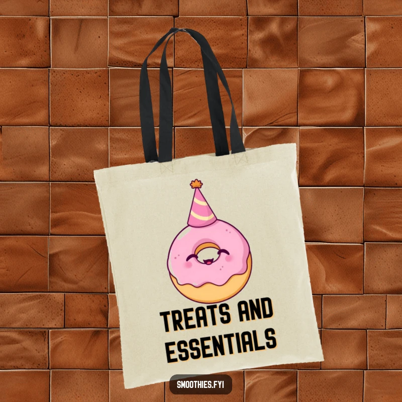 Funny Tote Bag: A laughing donut wearing a small party hat is ready for fun, making this bag a sweet and humorous companion for any outing.