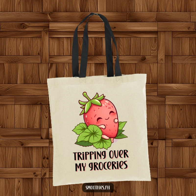 Funny Kawaii Strawberry Tote Bag depicting a cute berry tripping playfully. Practical and adorably humorous.